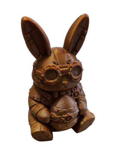 Lapin en chocolat steampunk avec lunettes et délicats détails sculptés.